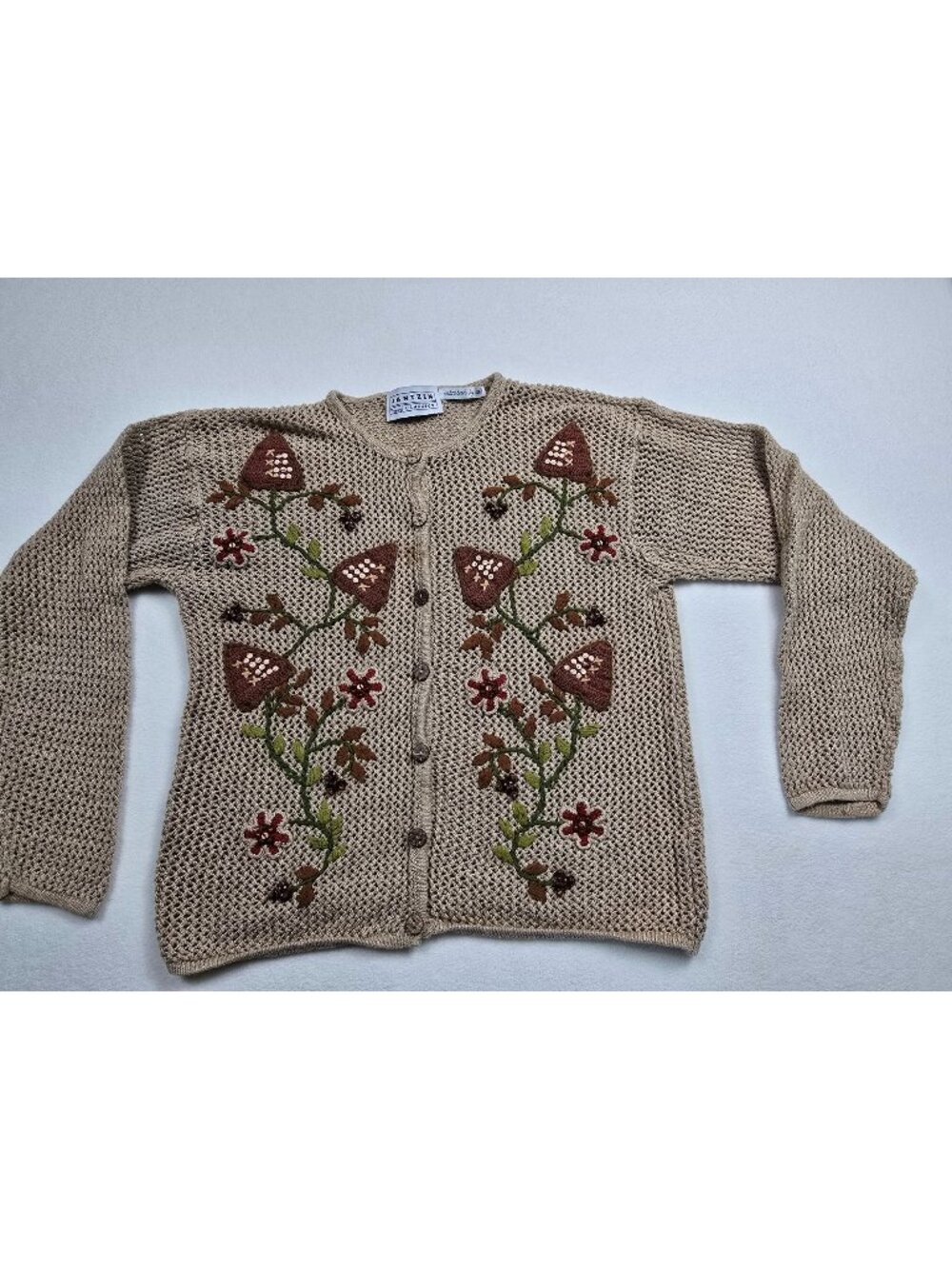 Vintage Jantzen Small Medium Beige Knit Cardigan Embroidered Mushrooms Floral